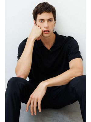 Erkek Polo Yaka %100 Pamuk Kısa Kol Ince Triko Siyah