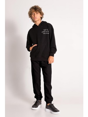 Erkek Çocuk Siyah Kapüşonlu Baskılı Eşofman Takımı Alt Üst 2 Parça 4036