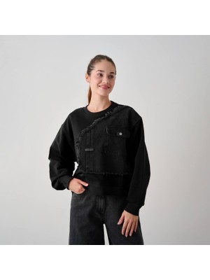 Loco Loco Kız Çocuk Önü Denim Garni Cepli 3 Iplik Sweat