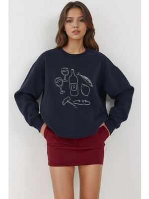 Hiccup Kadın Baskılı Yuvarlak Yaka Sweatshirt Gece Mavisi