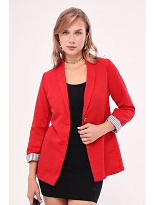 Kadın Kırmızı Kol Içi Çizgili Tek Düğmeli Ceket ARM-22K001122