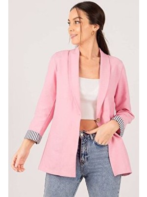 Kadın Pembe Kol Içi Çizgili Tek Düğmeli Ceket ARM-22K001122