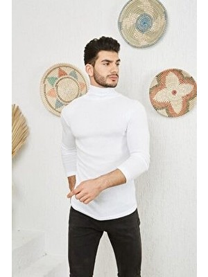 Erkek Beyaz Lycra Boğazlı Kazak