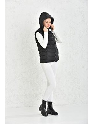 Unisex Siyah Jel Dolgu Kapüşonlu Şişme Yelek