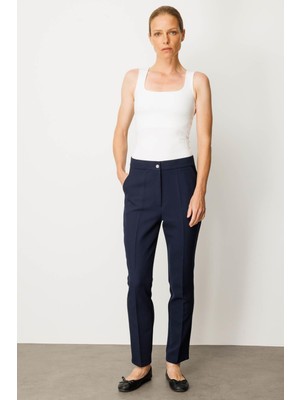 Kadın Gizli Fermuarlı Yan Cepli Kumaş Pantolon Lacivert