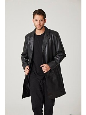 Siyah Tarkan Düğmeli Astarlı Trençkot Erkek Hakiki Deri Kaban