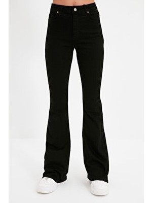 Ispanyol Paça Jeans Solmaz Siyah Ispanyol Jeans Yüksek Bel Kot Pantolon