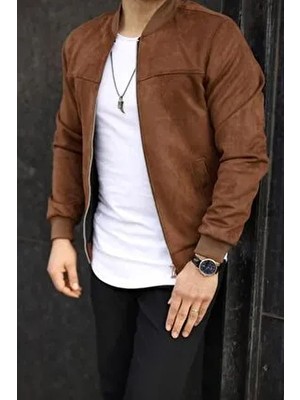Baselco Erkek Taba Süet Kolej Ceket Slim Fit Uzun Kol Bomber Yaka Günlük Stil