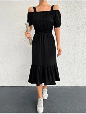 Armonika Kadın Siyah Askılı Elbise A-Line Silüet Trend Stil Yılbaşı Özel Olay