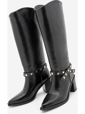 Marjin Kadın Sivri Burun Fermuarsız Çıkarılabilen Tokalı Troklu Zımbalı Topuklu Çizme Fuslep Siyah