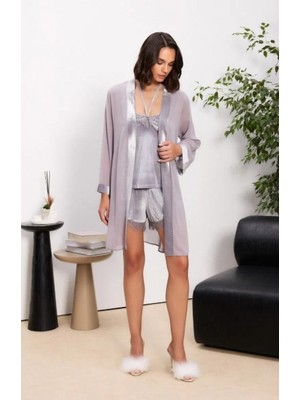 Kadife Saten 3'lü Kadın Pijama Takımı - 2845