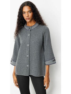 Kadın Dik Yaka Kolu ve Yakası Nakışlı Yün Ceket Füme