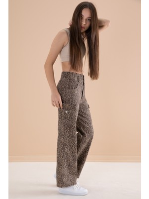 Kahve Leopar Desenli Geniş Paça Kız Çocuk Jean Pantolon 20143