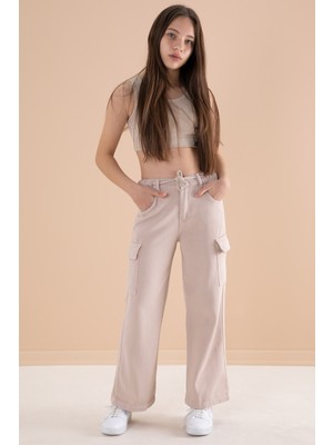 Krem Geniş Paça Beli Bağcıklı Kız Çocuk Kargo Cepli Jean Pantolon 20133