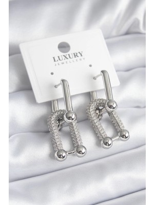 Pirinç Gümüş Renk Zirkon Taşlı Model Vıp Seri Kadın Küpe