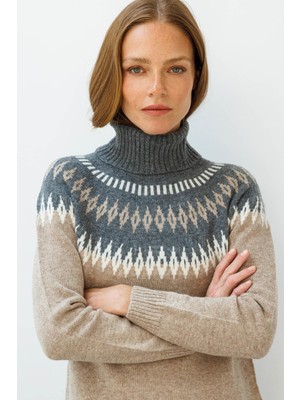 Kadın Tam Balıkçı Yaka Robası Baklavalı Yün Kazak K.bej