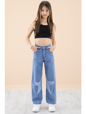 Mavi Yıldız Desenli Kız Çocuk Geniş Paça Jean Pantolon 20273