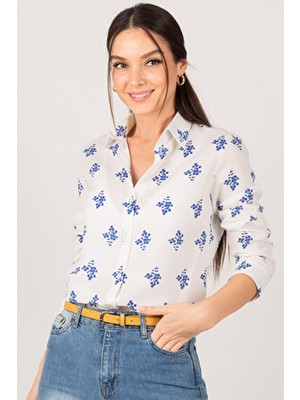 Armonika Kadın Saks Çiçek Desen Uzun Kollu Gömlek Dokuma Günlük Stil Regular Fit