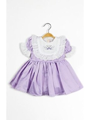Isabella Kısa Kol Kız Çocuk Fistolu Çiçek Nakışlı Tül Astarlı Prenses Vintage Zarif Mor Lila Elbise