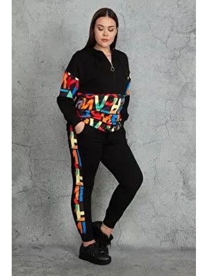 Şans Tekstil KAPŞONLU FERMUAR VE BASKI DETAYLI KUŞGÖZLÜ SWEATSHİRT PANTOLON TAKIM