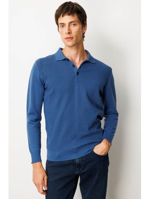 Erkek Polo Yaka Önü Baklavalı Triko Kazak H.mavi