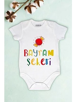 Unisex Bebek Beyaz Bayram Şekeri Yazılı Baskılı Body Zıbın