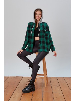 Kadın Desenli Renkli Oduncu Oversize Bol ve Geniş Kalıp Casual Çift Kapüşonlu Ceket Gömlek