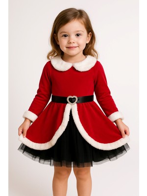 Kız Çocuk Kürklü Kemeri Tokalı Tül Elbise