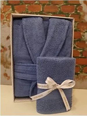 Trendy Şalyaka Bornoz + Baş Havlusu- Koyu Mavi