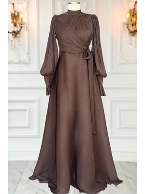 Amine Hüma Efruz Abiye Elbise Koyu Kahve