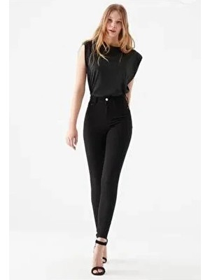 Polle Kadın Yüksek Bel Süper Skinny Pantolon Siyah Denim Düz Desenli Dar Paça Kesim