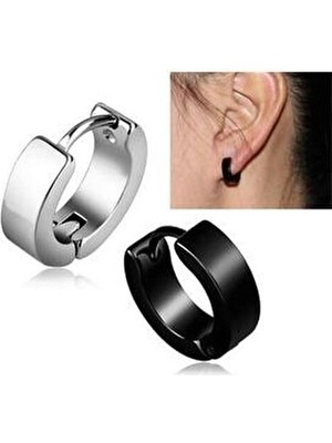 Unisex Siyah ve Gümüş Cerrahi Çelik Halka Küpe