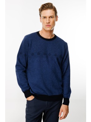 Erkek Sıfır Yaka Göğsü Baklava Desenli Yün Kazak K.lacivert