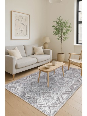 Stonart Eskitme Vintage Desenli Gri Otantik Yıkanabilir Şönil Halı Al 445