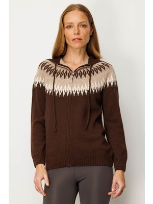 Kadın Kapüşonlu Robası Baklavalı Hırka M.kahve