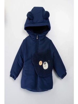 Sevimli Peluş Ayıcık Figürlü Kürk Astarlı Fermuarlı Kapitone Kapüşonlu Kalın Kışlık Kaban-Mont