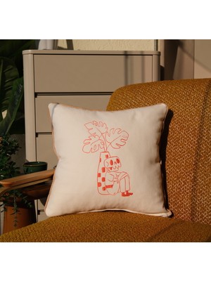 Iskelet Nakışlı Keten Kırlent Kılıfı