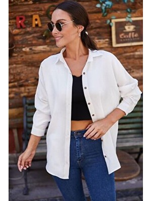 Kadın Beyaz Oversize Uzun Basic Gömlek