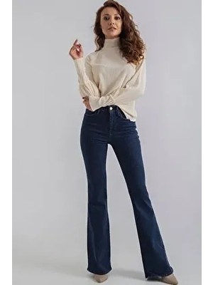 Ispanyol Paça Jeans Koyu Mavi Ispanyol Jeans Yüksek Bel Kot Pantolon Blue Flare Jeans