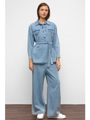 Geniş Paça Pantolon Denim Ikili Takım Mavi 9379-TK