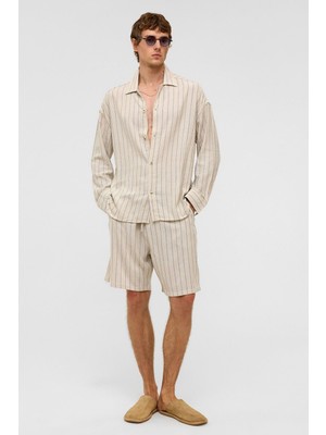 Oversize Uzun Kollu Çizgili Keten Gömlek Indigo