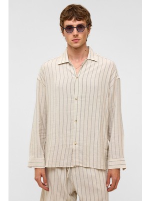 Oversize Uzun Kollu Çizgili Keten Gömlek Indigo
