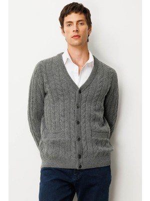 Erkek V Yaka Kalın Saç Örgülü Yün Ceket Füme