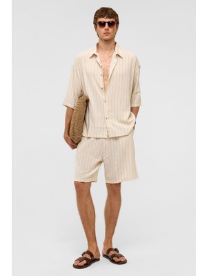 Oversize Çizgili Kısa Kollu Keten Gömlek Vizon