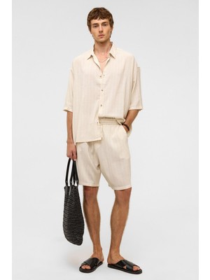 Oversize Çizgili Kısa Kollu Keten Gömlek Beyaz