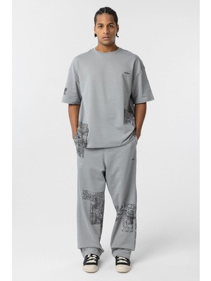 Etnik Desenli Oversize Eşofman Takım Gri