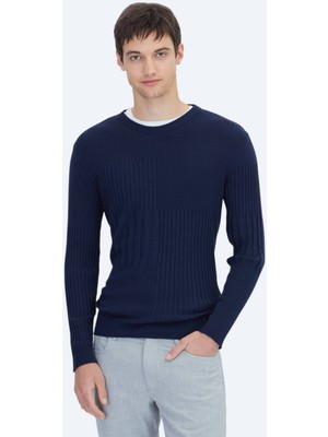 Lacivert Bisiklet Yaka Jakarlı Triko Kazak