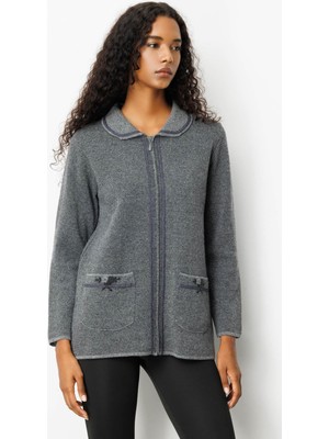 Kadın Polo Yaka Cebi Nakış Işlemeli Yün Hırka Füme