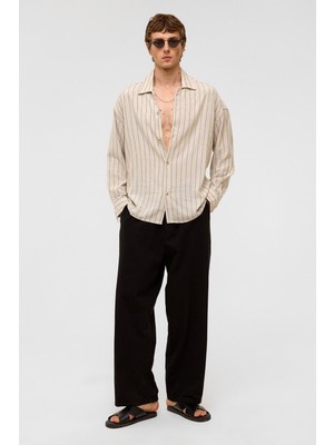 Oversize Uzun Kollu Çizgili Keten Gömlek Siyah