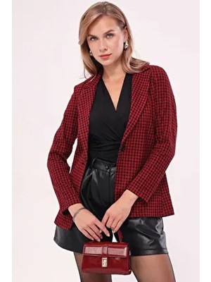 Kadın Bordo Kazayağı Desen Tek Düğmeli Ceket ARM-20K001121